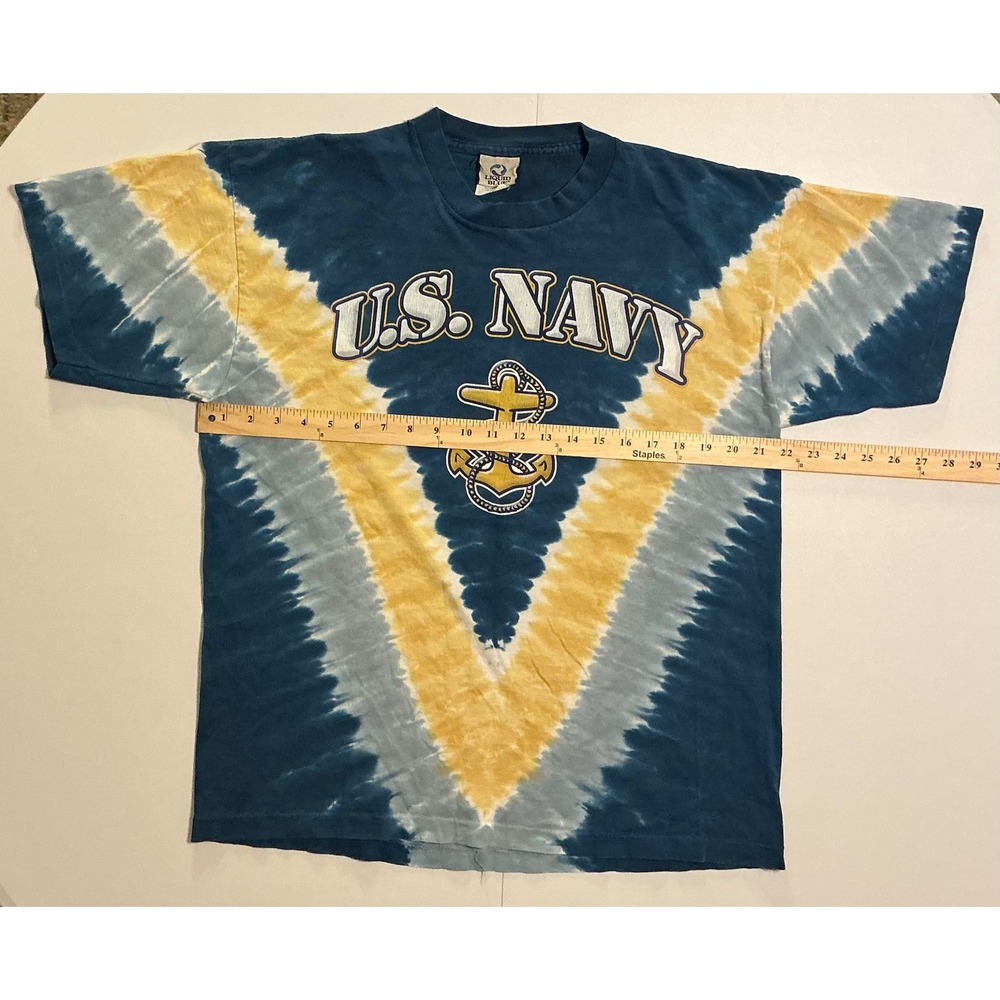 VTG USA Made Liquid Blue Navy Tie Dye T Shirt 90s Single Stitch Blue Yellow L - Picture 5 of 10
